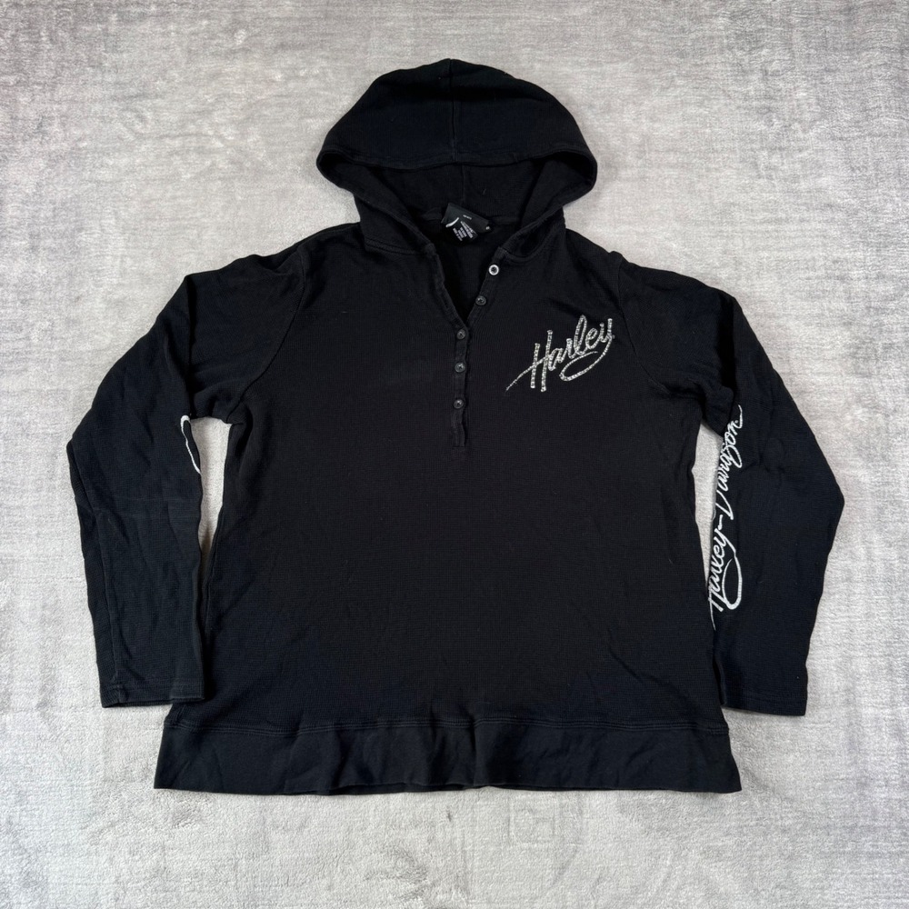 Harley Davidson Shirt Womens 2W Black Waffle Knit Henley Rhinestone Biker Logo